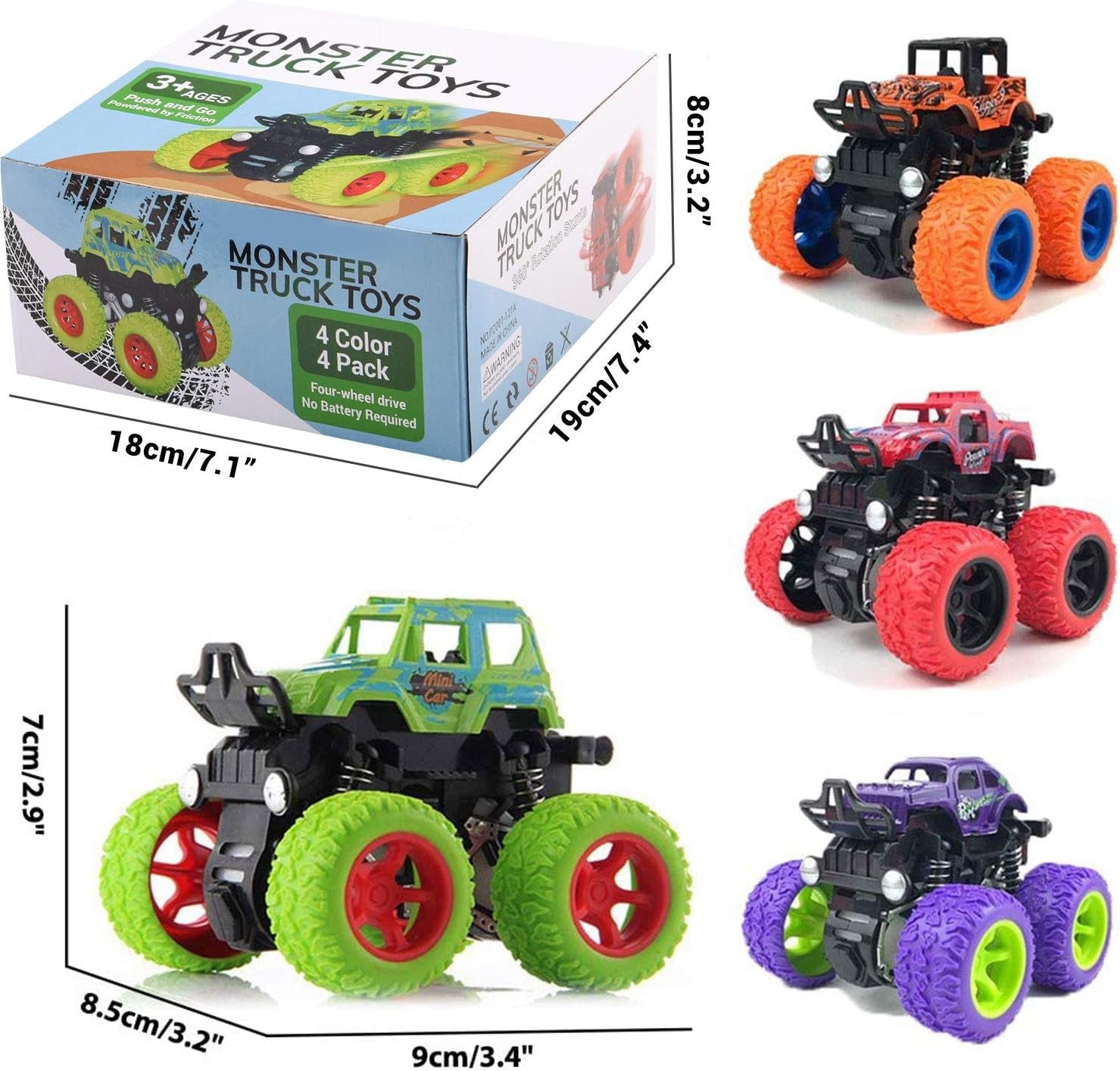 4 Pack Monster Truck Toys - Friction Powered Push and Go Toy Cars, Inertia Car Toy Set Stunt Toy Vehicles, Birthday Party Supplies for Boys and Girls